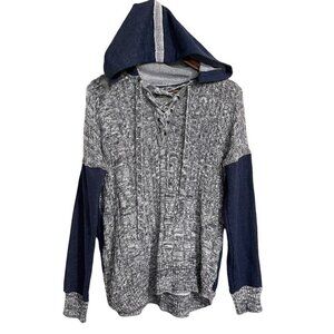 Democracy Womens Gray Colorblock Cable Knit Lace Up Neck Hooded Sweatshirt Large